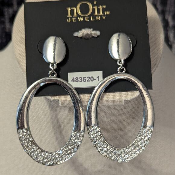 Oval Mottled Silver Rhinestone Hoop Earrings by nOir - Picture 1 of 5